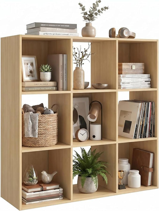 WannabeMyself【Sturdy Build&Easy Assembly】9 Cube Storage Organizer with Anti-Tipping Kits,Reversible Open Back Book Shelf, Bookcase for Living Room,Bedroom,Entrance Hall,Office,35.8×11.4×35.9,Oak Color