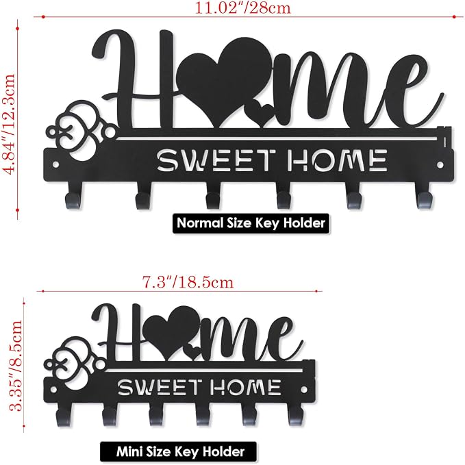 “Home Sweet Home”Key Holder wall Mount(Mini Size:7.3x3.35inches) | Simple Metal Decorative Key Hooks Rack for Entryway Front Door Hallway Garage Office