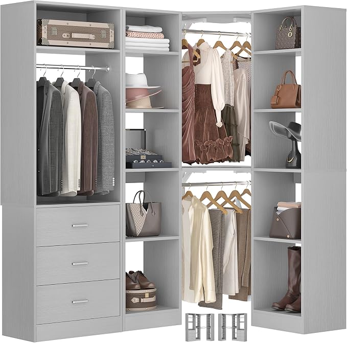 Besiost Corner Closet System with 3 Drawers, Corner Closet Organizer System with 13 Shelves & 3 Hanging Rods, 63.2"L * 39.2"W Reversible L Shaped Walk-in Closets, Load 2000+LBS, Grey