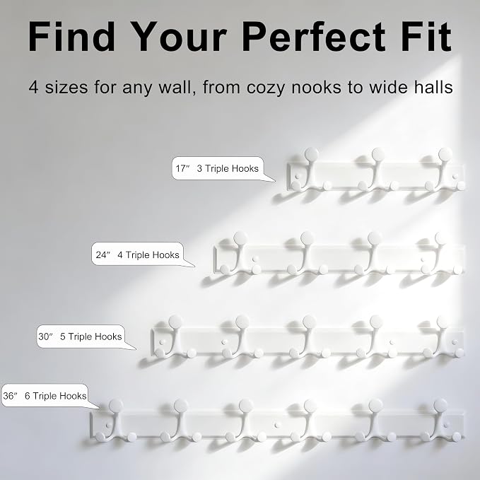 SKOLOO Lightweight Wall Mounted Coat Rack, 17 Inch Modern Coat Hanger for Entryway, Bathroom, Garage, 9 Hooks with 16cm Wide Spacing Design, Matte White