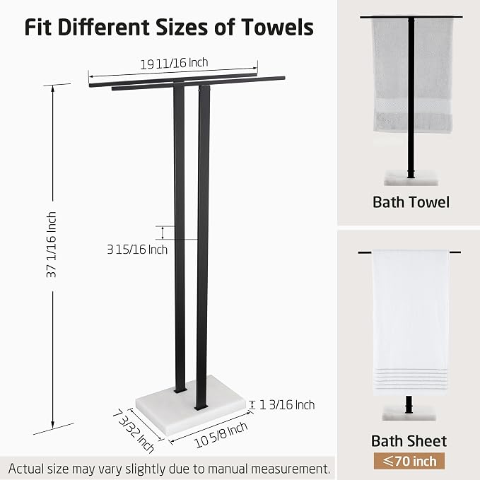 KES Standing Towel Rack, 37", Marble Base, 304 Stainless Steel, Matte Black | Equal-Height, Fits Large Bath Towels, 8.23 Lbs Weighted Marble Base, T-Shaped 18/8 Stainless Steel Rust Resistant, Bathroom