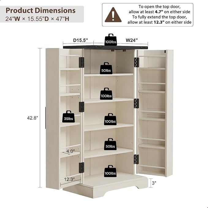 47" Tall Wooden Pantry Storage Cabinet with Door Shelves | Farmhouse, Barn Doors, Adjustable Shelves, Freestanding, Anti-tip Kit, for Kitchen, Dining Room, Living Room