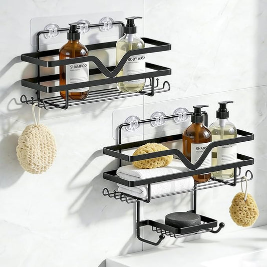 Adhesive Shower Caddy No Drilling Bathroom Organizers, 3 Pack | Self Adhesive Shelf Organizer Rack, Rustproof Shower Storage Rack with Soap Dish, Side Hooks, Large Capacity Bathroom Storage