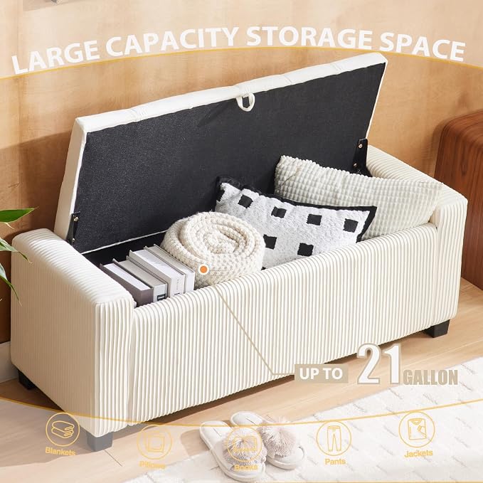 Storage Ottoman Bench, Bench for Bedroom End of Bed, Ottoman with Storage for Living Room and Entryway (Velvet White)