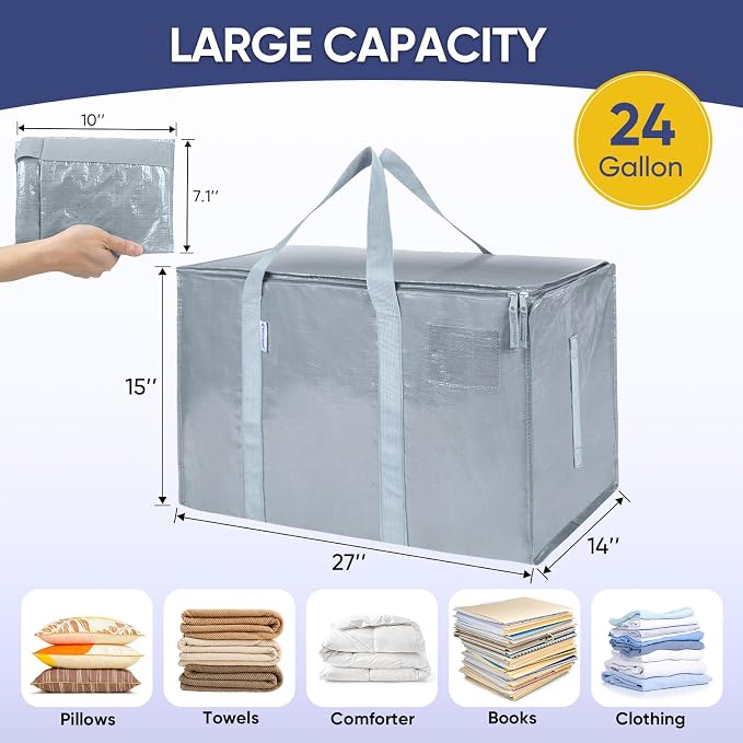 TICONN 6 Pack Extra Large Moving Bags Heavy Duty with Zippers & Carrying Handles, Durable Storage Bags Moving Boxes for Closet Organizers and Storage (6 Pack, Light Grey)