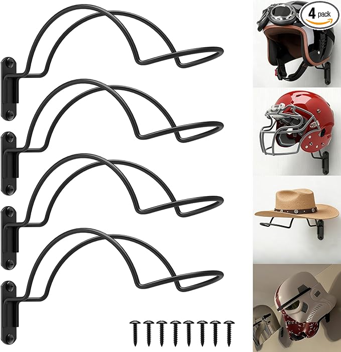 4 Pcs Wall Mounted Helmet Rack Storage Display Rack Hanger | Motorcycle Helmet Holder, For Equestrian/Baseball/Iron Man/Scout Trooper/Hockey Helmet, No Helmet