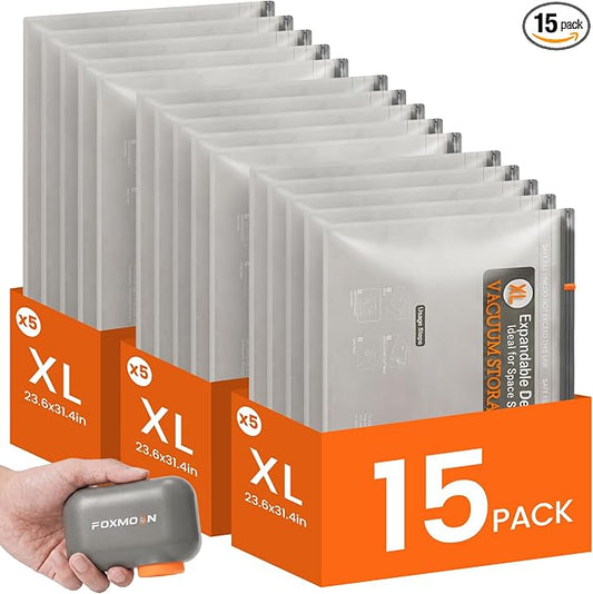 15 Pack XL Vacuum Storage Bags with Rechargeable Cordless Pump, Vacuum Seal Bags for Clothing, Bedding, Blankets, Pillows and Comforters, Space Saver Compression Bags for Luggage Packing and Moving