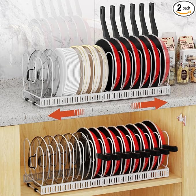 Housolution 2 Pack Pot and Pan Lid Organizer Holder Storage Rack, White | 12"-23" Expandable, 14 Adjustable Dividers, Sturdy Metal Construction, Easy Assembly