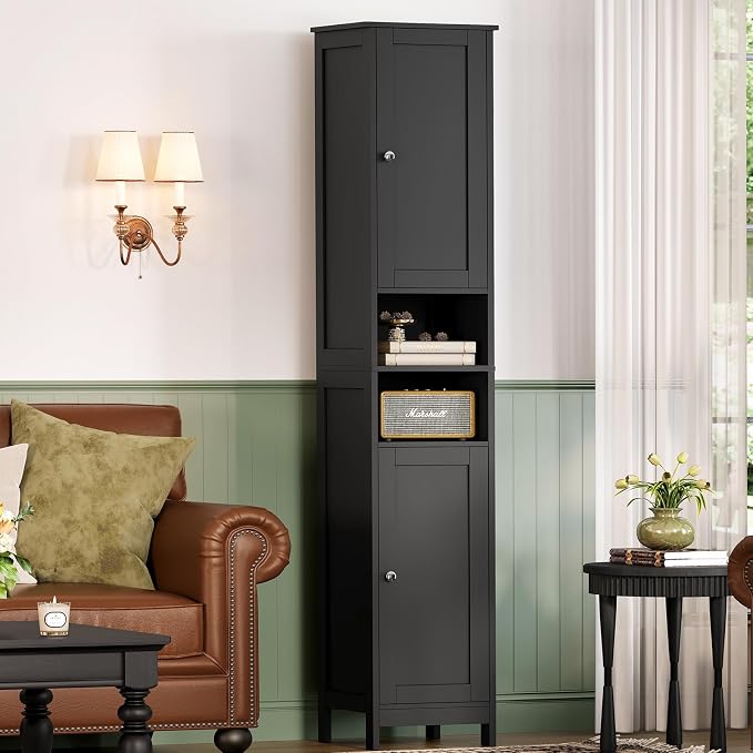 67" Tall Bathroom Cabinet with Adjustable Shelves and Doors | Narrow Bathroom Storage Cabinet for Small Space, Living Room, Entryway, Kitchen, Black