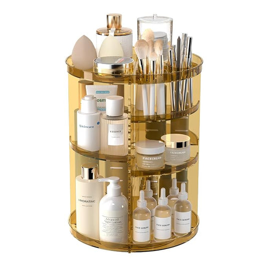 Rotating Makeup Organizer, DIY 8 Adjustable Layers Spinning Skincare Storage, Cosmetic Display Case with Brush Holder and Perfume Tray, Multi-Function Vanity Bathroom Countertop Organizer Clear Gold