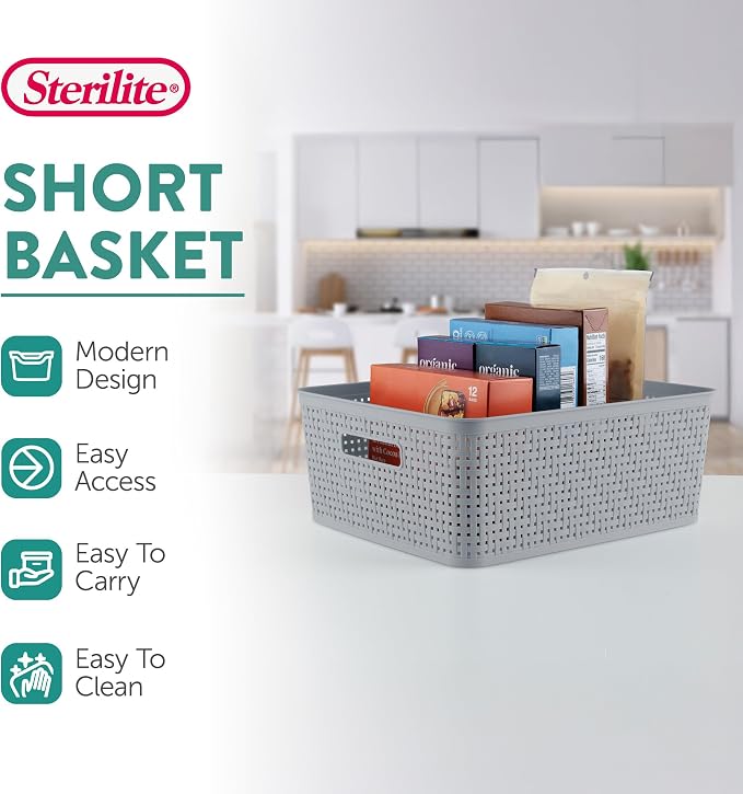 Sterilite 18 Pack Plastic Storage Bin Organization Containers, Short Baskets, Cement