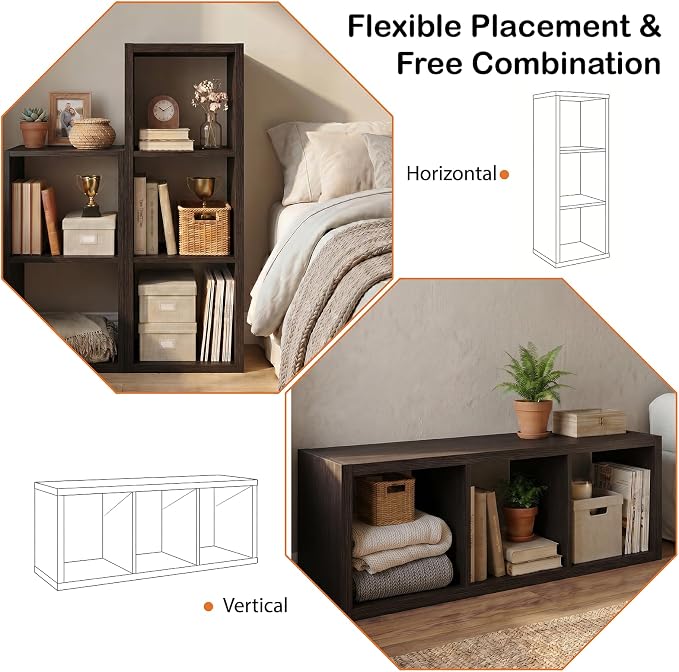 WannabeMyself【2026 Wooden Thick Frame】 3 Cube Storage Organizer with Anti-Tipping Kits, Reversible Open Back Book Shelf,Bookcase for Living Room,Bedroom,Entrance Hall,Office,11.6×36.3×13.1,Chocolate