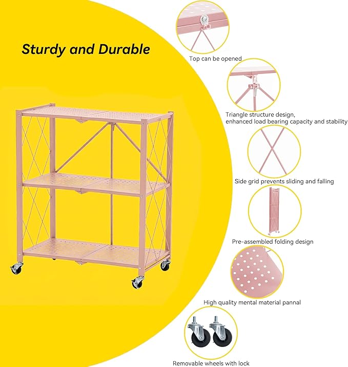 BRIAN & DANY 3-Tier Foldable Storage Shelves with Wheels, No Assembly Folding Shelf Metal Rack, Shelving Unit for Kitchen, Garage, Pink