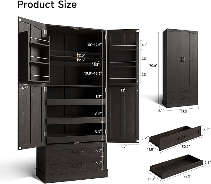 71" Tall Farmhouse Kitchen Pantry Cabinet with 3 Pull Out Shelves & 2 Large Drawers, Pantry Storage Cabinet with 6 Door Shelf & Adjustable Shelf, Freestanding Cupboard for Kitchen, Dining Room