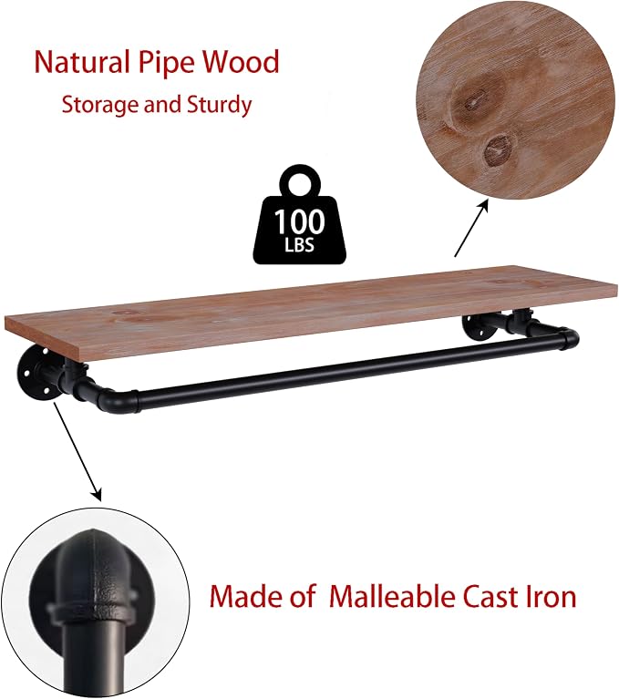 Clothes Rack 36in, Wall Mounted Garment Rack with Real Wood Shelf, Heavy Duty Hanging Clothes Rack, Multi-Purpose Hanging Rod, Space-Saving Closet Storage
