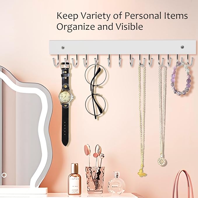 2-Pack Key Holder Wall Mount, 14.6"Key Rack with 28 Rotating Metal Hooks | Natural wood wall key hanger, 28 rotating metal hooks, for entryway, hallway, apartment decor, space-saving, white