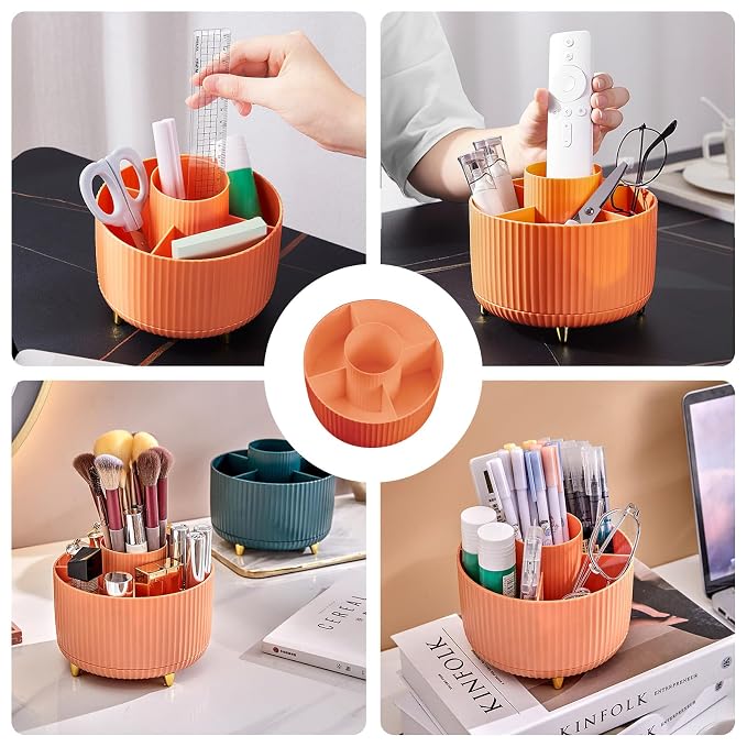 Diesisa 360 Rotating Makeup Brush Organizer With 5 Sections, Spining Countertop Swivel Makeup Brush Holder for Cosmetics, Nail Polish, Art Supply, Bathroom Vanity Desktop Organizer - Orange