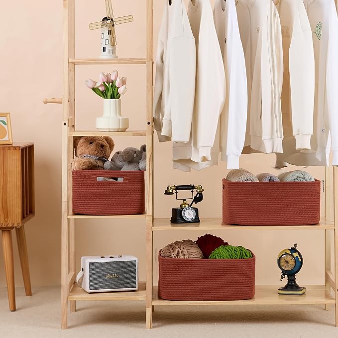 MiniArk Large Storage Baskets for Shelves, 17 x 13 x 7.5” Closet Organizers Bins for Clothes Blanket Towels, Baby Nursery, Toy Baskets Box, Woven Rope Baskets, 2 Packs Oxide Red