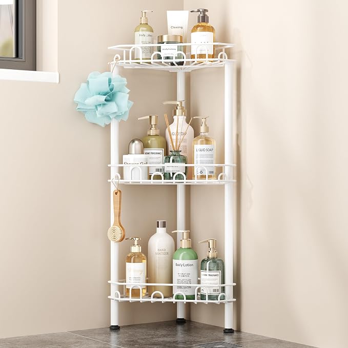 SWTYMIKI Standing Shower Caddy Corner - 3‑Tier Stainless Steel Shower Organizer Shelf with 12 Hooks and Adhesive Pads, Rustproof Corner Shelves Stand Rack for Bathroom Shower Room, white
