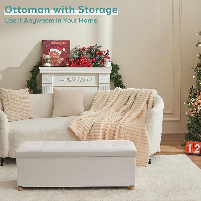 BRIAN & DANY 43 Inches Folding Storage Ottoman Bench, Ottoman with Storage Bench for Bedroom, Living Room, Entryway, with Legs, White