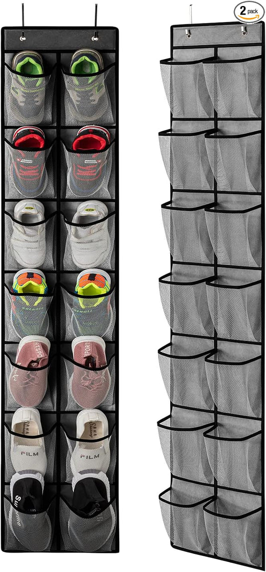 KEEPJOY 2 Pack Grey14 Pockets Over the Door Shoe Organizer, Hanging Shoe Organizer with 4 Hooks Door Shoe Holder with Mesh Deep Pockets Closet Door Shoe Storage Bag (Grey-2Pack)