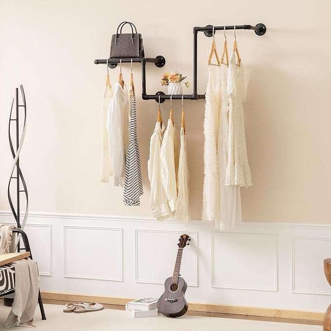 Industrial Pipe Clothing Rack, Wall Garment Rack, Hanging Clothes Rack | Heavy Duty Iron Clothes Bar/Rod, Space-Saving Clothing Hanging Rails with 2 Shelves for Closet Home Bedroom Retailer Laundry