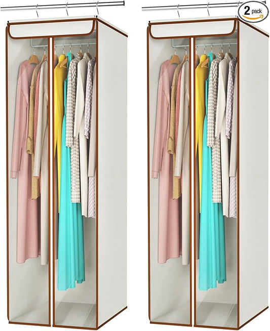 Univivi Garment Bags for Hanging Clothes, Cloth Bag 54 In, 2 PCS, Beige | Large Capacity, Easy Assembly, Clear Window, Dustproof, Durable Zipper, Hanging Garment Storage Bag for Suit, Coat, Dress