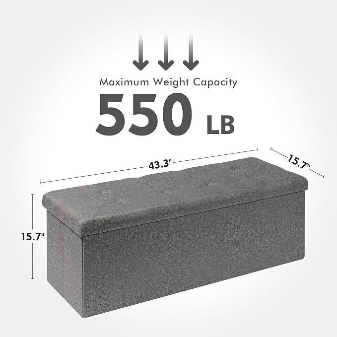 PINPLUS Folding Storage Ottoman Bench, Grey Linen Long Ottoman Chest Foot Rest Stool with Padded Seat, Chest with Cover, Bedroom Bench with Storage, 43.3inches