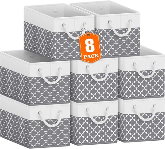 Fab totes Storage Bins 8-Pack, Foldable Storage Baskets for Organizing Toys, Books, Shelves, Closet, Large Storage Box with Rope Handles, Sturdy Organizer Bins,Clover Grey