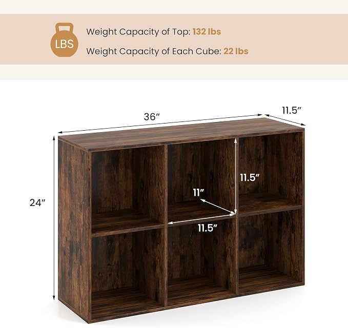Giantex 6-Cube Bookcase, 3-Tier Cubby Bookshelf, Horizontal Vertical Display Rack with Anti-Tipping Kits, Modern Storage Organizer Shelf Unit for Living Room, Home Office, Rustic Brown | Horizontal Vertical Display Rack with Anti-Tipping Kits, Modern S...