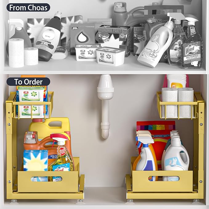 L-Shaped Under Sink Organizer, 2-Tier Pull-out Cabinet Rack 1-Pack | Gold Height-Adjustable Steel Rack, Sliding Grid Drawers with PP Liners, Holds 100 Lbs, Suction Base, Ideal Kitchen Storage