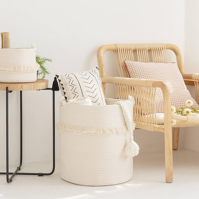 CherryNow 60L Woven Rope Baby Basket with Tassel, 17" x 16", Off-white | Decorative Boho Laundry Basket for Blankets & Towels Storage, Fits Living Room & Nursery Home Decor, with Knotted Handles