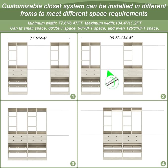 Besiost Closet System, Up to 134"/11.2 FT Closet Organizer with 4 Wooden Drawers and Shelves, Walk-in Closet System with 6 Hanging Rods, Built-in Closet Can Fit 96"/8FT, 120"/10FT, Greige Oak Set 2