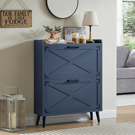 Barnyatoh Farmhouse Shoe Storage Cabinet with 2 Flip Drawers & Barn Door | Freestanding Hidden Slim Narrow Shoe Rack, Adjustable Shelves,Wood Shoes Organizer for Entryway, Foyer, Hallway,Navy Blue
