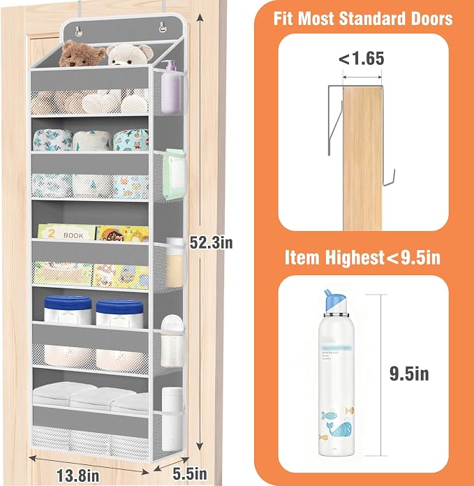 Over The Door Organizer Storage Large Capacity Hanging Bedroom Storage | 5 Shelves, 40 LB Capacity, Foldable Mesh Design, Clear Window, Sturdy, Large Storage Organizer for Nursery, Pantry & Closet