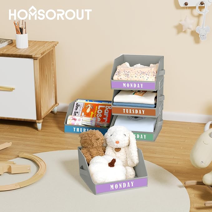 Closet Organizers and Storage - 5 Tier Shelf Organizer with Weekly Labels, Stackable Storage Bins with Metal Frame, Foldable Cube Bins, Home Baskets for Kids and Adults, Grey