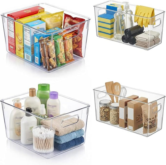 MOONEDGE 4 Pack Clear Plastic Organizer Bins, 2 Large & 2 Small Storage Set | Storage Bins for Pantry, Space-Saving Organizer Containers for Cabinets, Under-Sink, Bathroom, Kitchen, Freezer, Home Storage