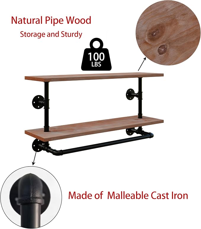 Clothes Rack 36in, 2 Tier Wall Mounted Garment Rack with Real Wood Shelf, Heavy Duty Hanging Clothes Rack, Multi-Purpose Hanging Rod, Space-Saving Closet Storage