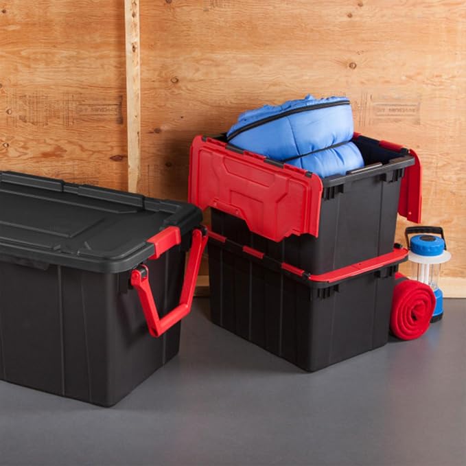 Sterilite Industrial Storage Tote with Lids for Garage, 12 Gallon, 12-Pack | Heavy-Duty and Stackable Utility Box Containers for Home, Office, and Basement Organization, Black/Red