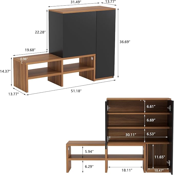51.18" Shoe Storage Cabinet with Doors & Open Shelves, Walnut & Black | Space saving, dust-proof, clutter-free, multi-scenario fit, durable construction