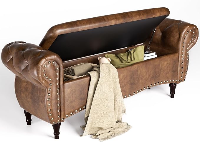 ZZW Storage Ottoman Bench, 51" Length Upholstered End of Bed Storage Bench for Bedroom with Safety Hinge, Tufted Bed Benches with Rolled Arm and Nailhead Trim for Living Room, Entryway Brown