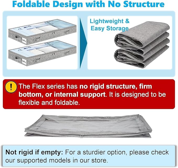 3 Inch Low Profile Under Bed Storage Drawer 4 Pack, Lightweight Underbed Clothes Storage Container Bins With NO STURCTURE, Shallow Storage Bag for Dorm & Home, With Clear Lids & Water-Resistant Fabric