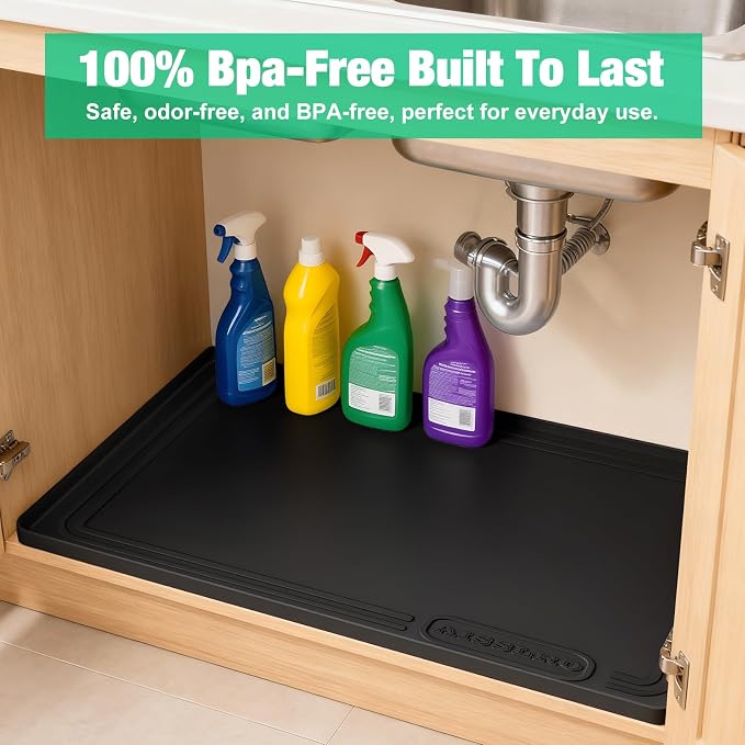 Under Sink Mat 34" X 22", Waterproof Silicone Cabinet Kitchen Liner, Black | BPA-Free Raised-Edge Cabinet Protector & Leak Tray for Bathroom Cabinets, Boots, Pet Feeding Dog & Cat Mats, Dishwasher Safe
