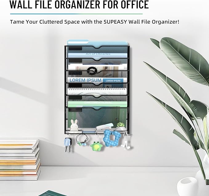 7-Tier Wall File Organizer with 5 Hooks, Wall Mounted Mail Organizer | File Holder Organizer, Metal Mesh Office Wall Organizer for Home, School & Classroom