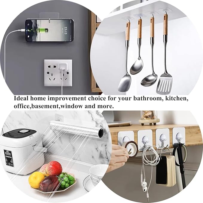 JINSHUNFA Adhesive Wall Hooks 13LB Heavy Duty No Drill Transparent Waterproof Hooks for Bathroom Kitchen Towel Coat 12 Pack