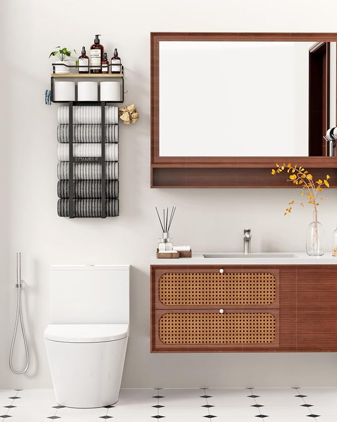 Aetyord Towel Racks for Bathroom - Wall Mounted Metal Rack with Wood Plank, Bathroom Storage Organizer, Towel Holder Stores 6 Large Rolled Towels Easily, Black with Wood Plank