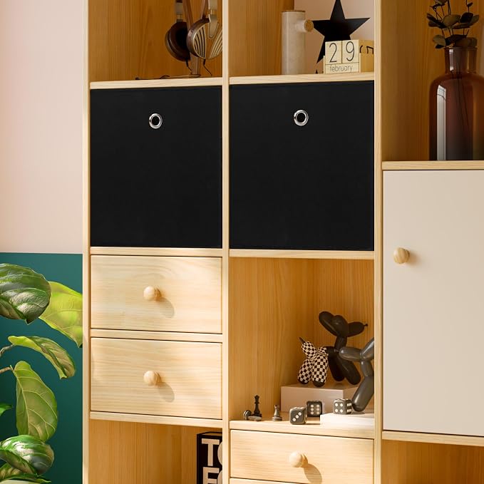 13 inch Record cubes storage bins,collapsible fabric storage cubes Decorative storage basket,apply to clothes organizer box,shelves in closet,laundry,daycare centers,offices,6 Pack(Black) ﻿