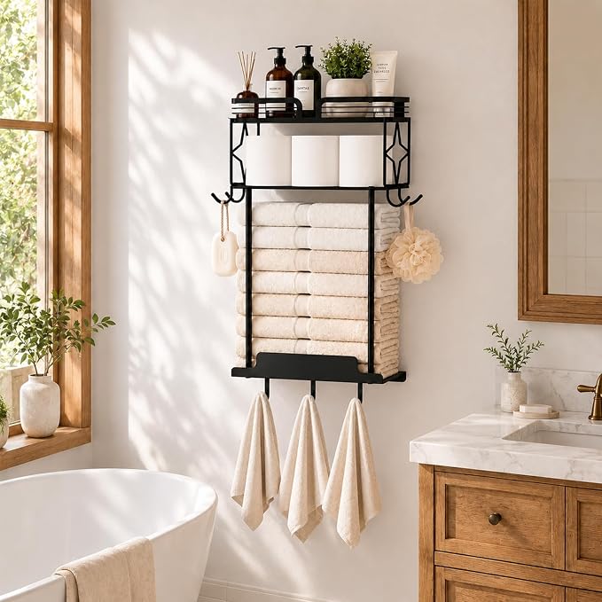Towel Racks for Bathroom 23.8 Inch Wall Mounted Towel Rack with Shelf, Small Bathroom Towel Storage Holds 3–6 Large Rolled Towels, Metal Wall Towel Rack, Black