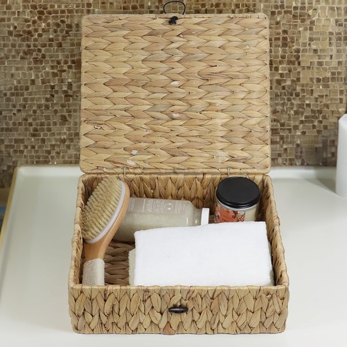 Water Hyacinth Wicker Storage Basket with Lid, Large | Rectangular Woven Box, Shelf Organizer Bin, Multipurpose Home Storage, Decorative Basket, Natural Decor
