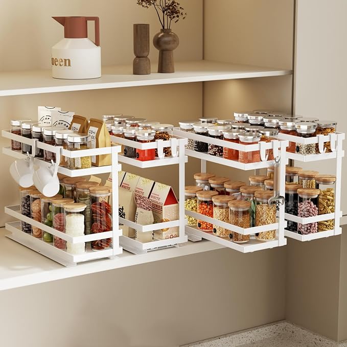 Magheo Pull Out Spice Rack Organizer for Cabinet, 4 Pack Metal Seasoning Organizer Slide Out Spice Storage Shelf No Assembly Vertical Spice Rack Pullout for Kitchen & Bahthroom No Drill(2 Tier,White)